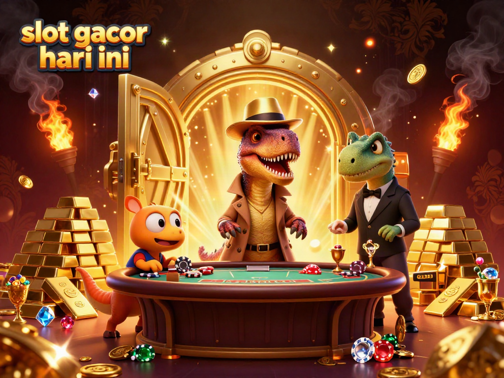Menghadirkan slot gacor hari ini, seekor velociraptor dihias memainkan blackjack dengan boss stegosaurus dan kompi mencuri chip di sekitarnya.
