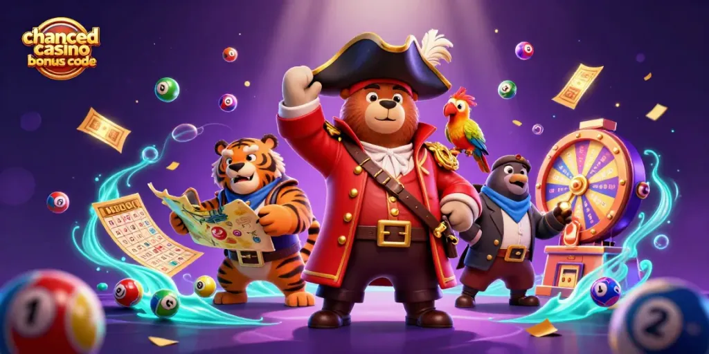Visualize excitement with chanced casino bonus code as characters interact with colorful game elements.