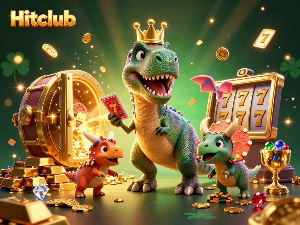 Hitclub brings excitement with a T-Rex shuffling cards, a pterodactyl assisting, and a triceratops stacking chips.