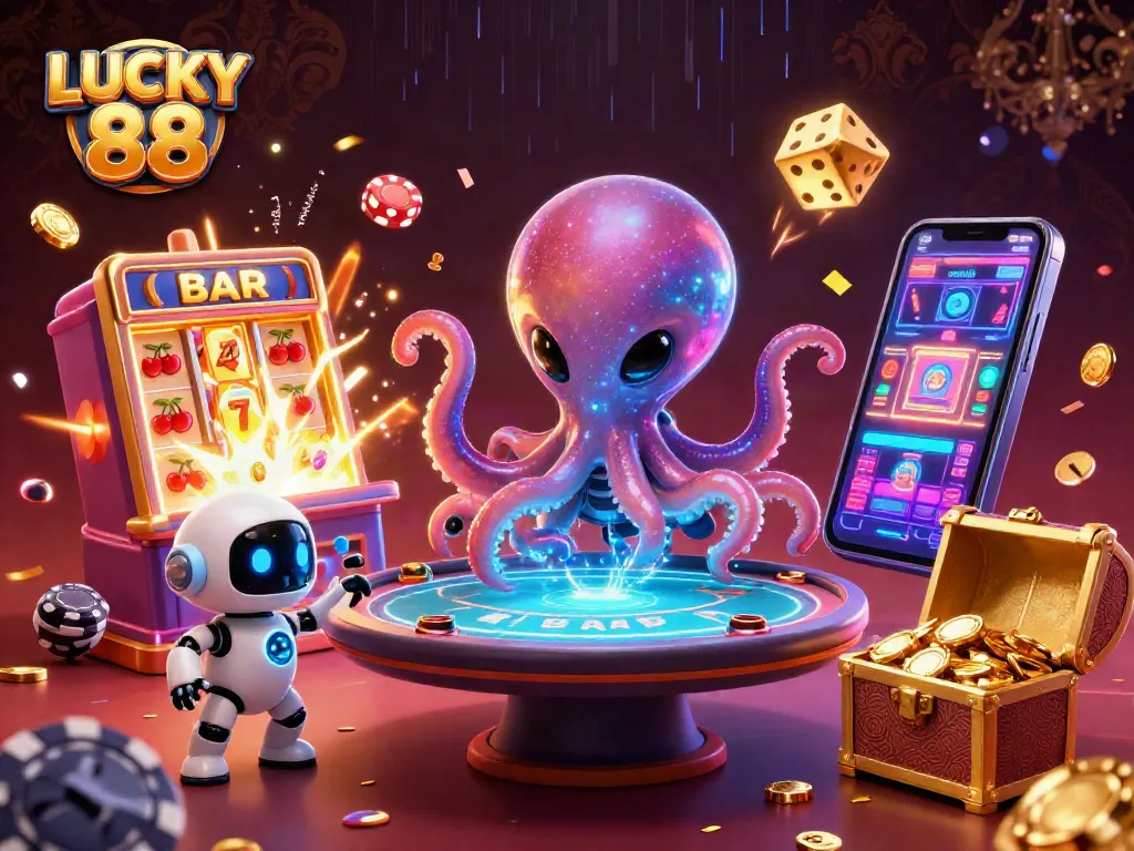 Experience thrilling wins with LUCKY 88 in this dynamic casino illustration featuring an alien octopus and a slot machine.