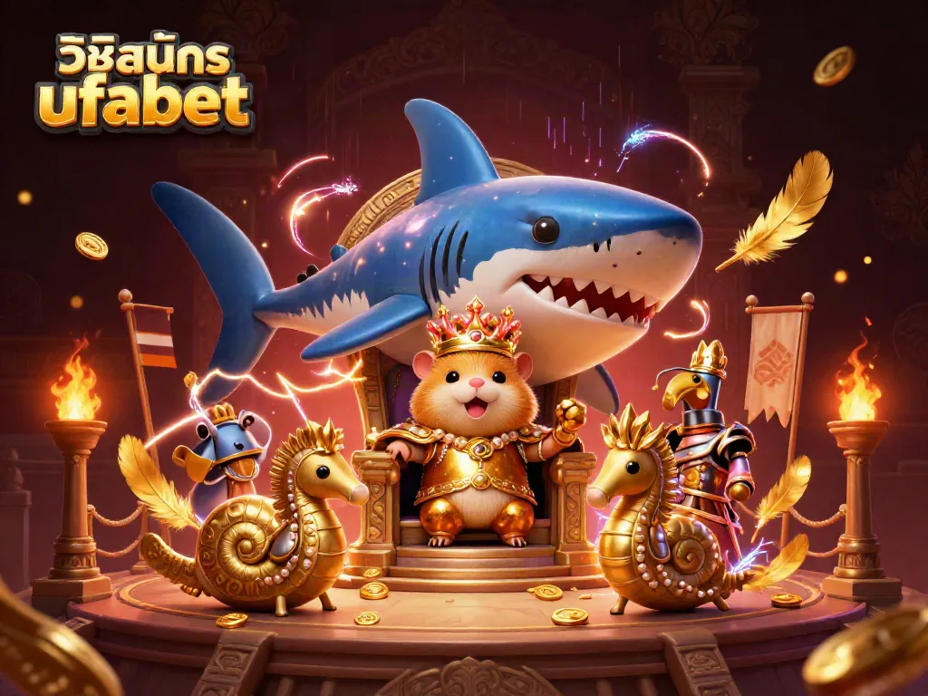 Experience วิธีสมัคร ufabet with a cartoon hamster king in a vibrant casino scene full of treasures and excitement.