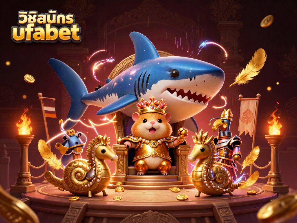 Experience วิธีสมัคร ufabet with a cartoon hamster king in a vibrant casino scene full of treasures and excitement.