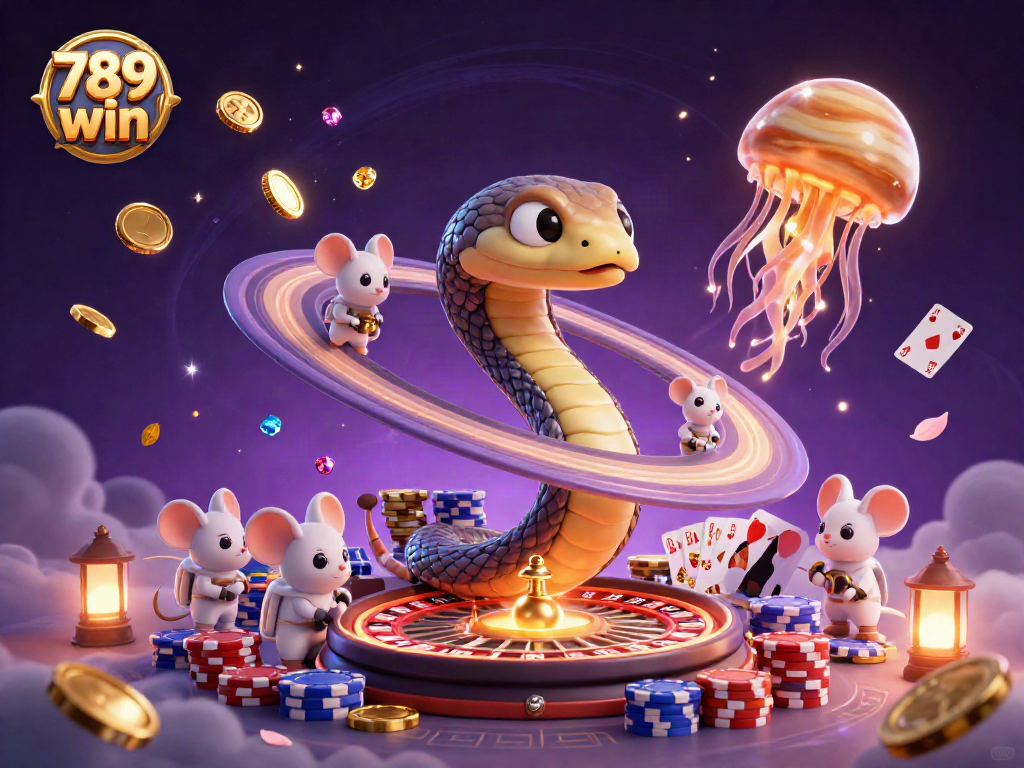 Play and win at 789 win with dynamic casino elements, featuring vibrant 3D characters and gaming icons.