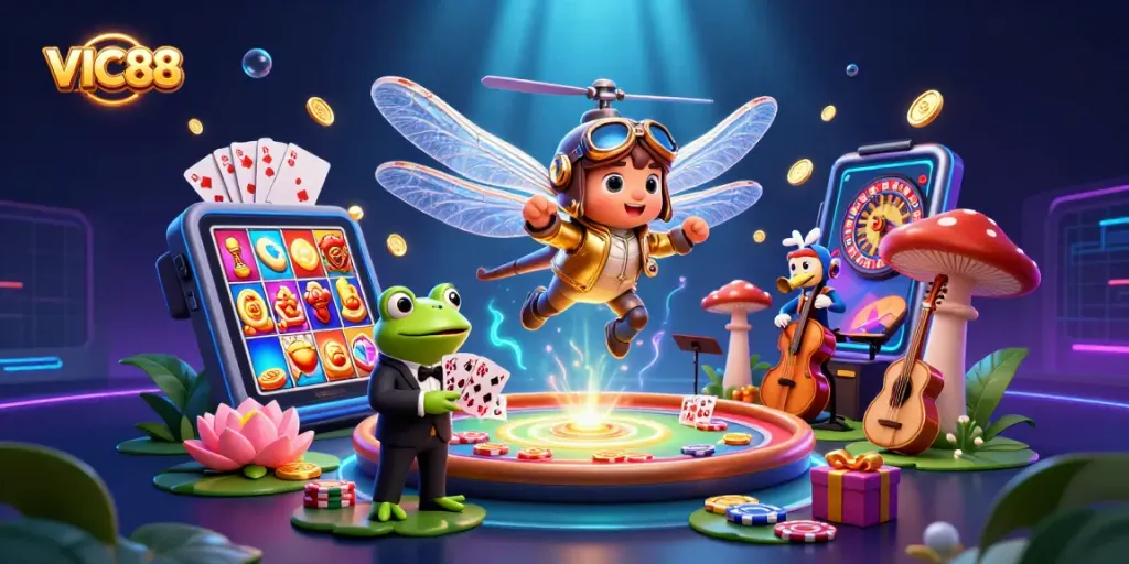 VIC88 players engaging with colorful slot games and a lively casino atmosphere.