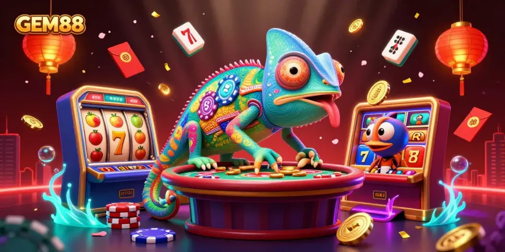 Get ready to win big at GEM88 with casino-themed 3D illustration featuring vibrant slots and golden treasures.