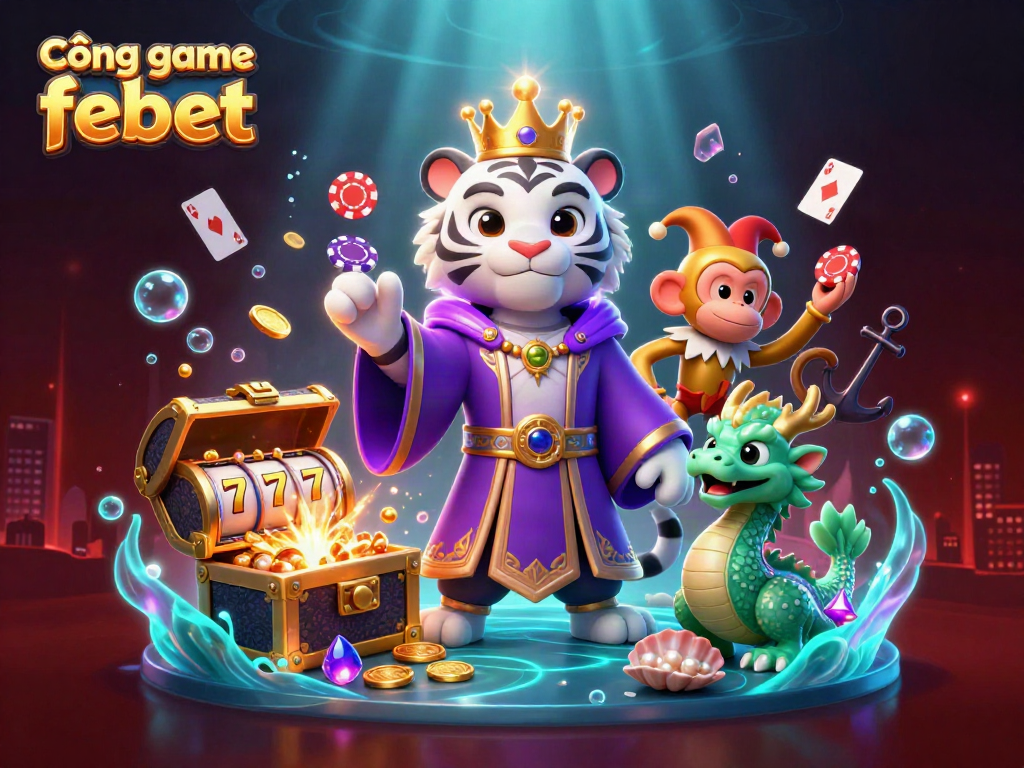 Cổng game febet offers an engaging 3D cartoon scene with a tiger, monkey, and dragon showcasing vibrant casino elements.