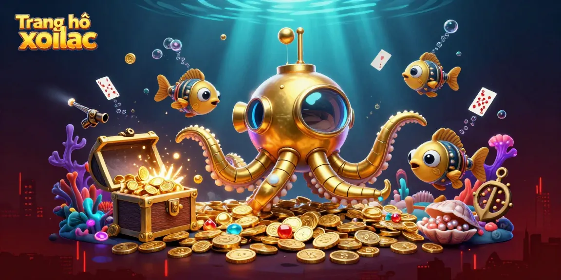 Experience the thrilling underwater adventure with Trang chủ xoilac featuring a golden kraken submarine amidst riches.