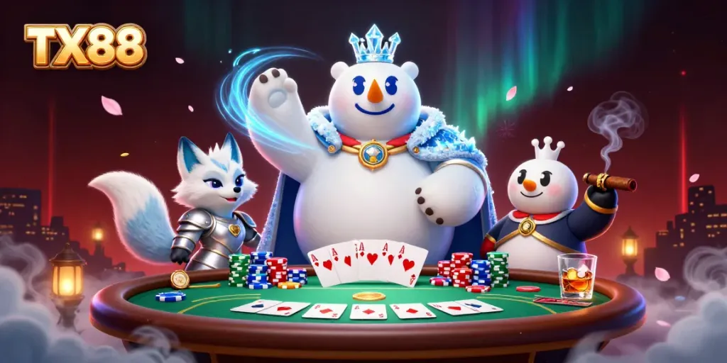 Engage in TX88 poker strategies with a vibrant casino scene featuring cards, chips, and characters.