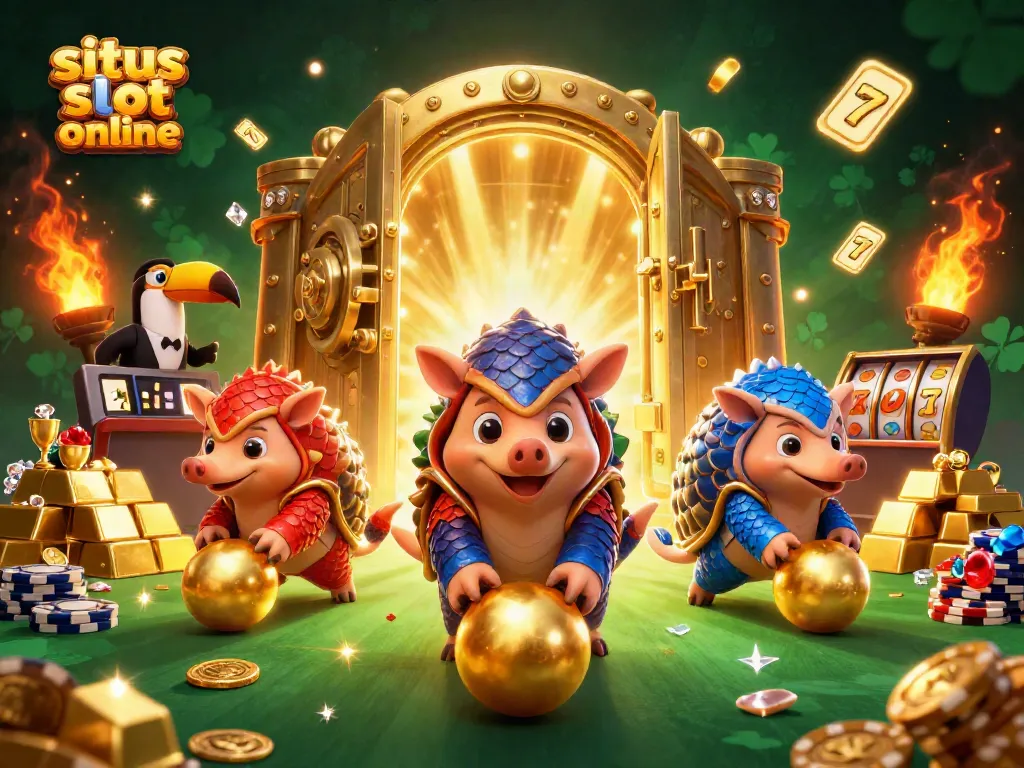 Permainan situs slot online dengan pangolin, slot reels, dan tumpukan chip poker gemerlap.