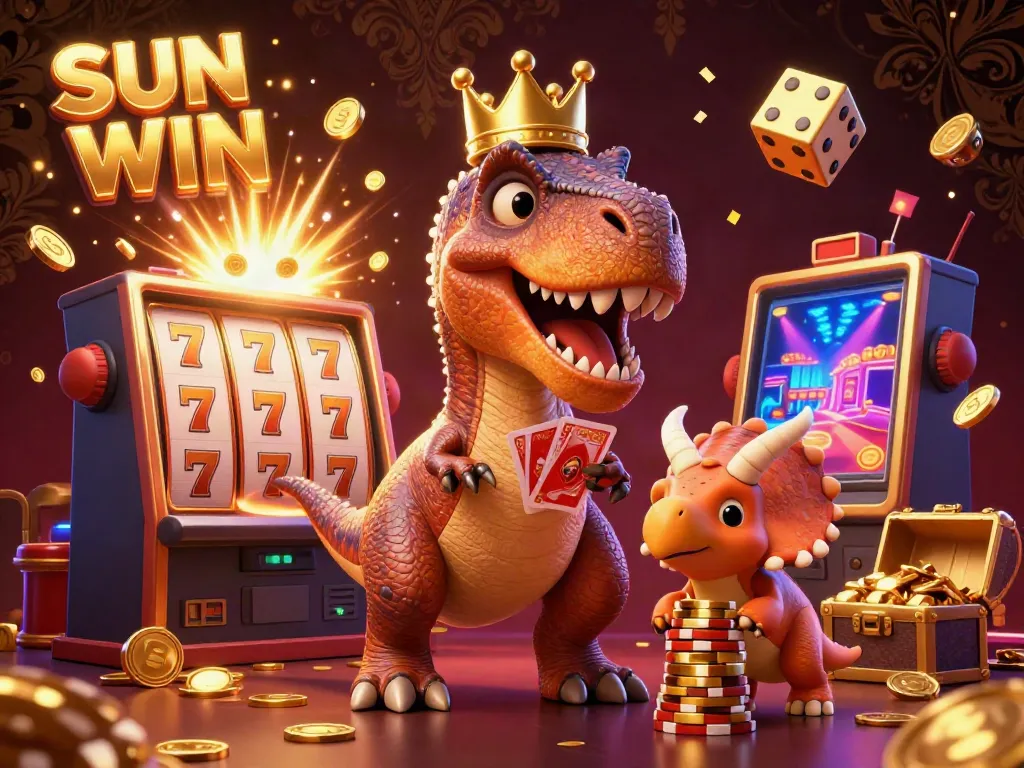 Experience SUN WIN fun with a T-Rex playing cards, surrounded by slot machines and casino elements.