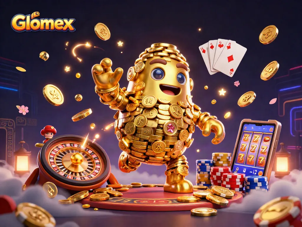 Spin the Glomex slot reels and uncover golden treasures in this vibrant casino illustration.