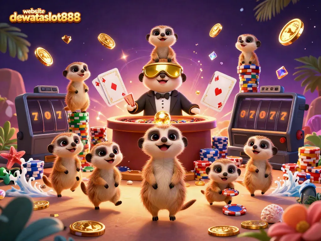 Rasakan keseruan bermain di website dewataslot888 dengan ilustrasi kasino dan karakter lucu.