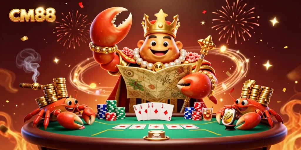 Experience thrilling poker action with cm88's golden crab emperor presiding over a vibrant gambling scene.