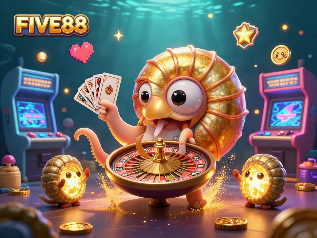 Engage in thrilling games at FIVE88 with a vibrant casino-themed 3D illustration featuring a golden nautilus roulette and glowing games.