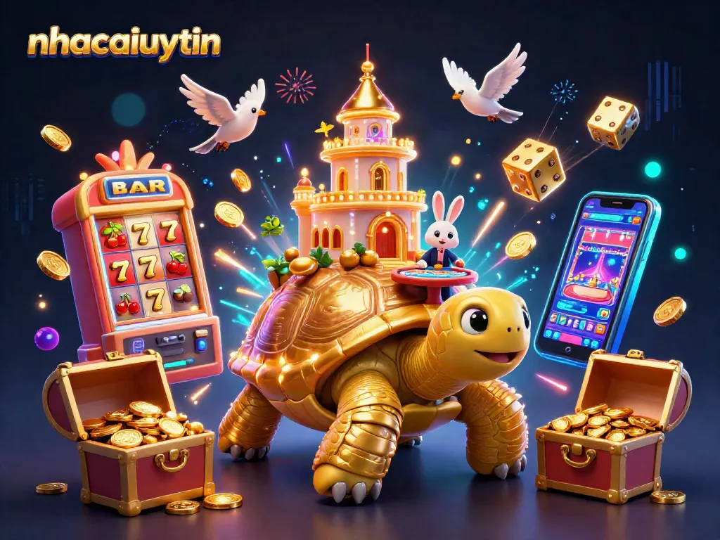 Enjoy exciting casino games with nhacaiuytin featuring a golden tortoise, card table, and flying coins.
