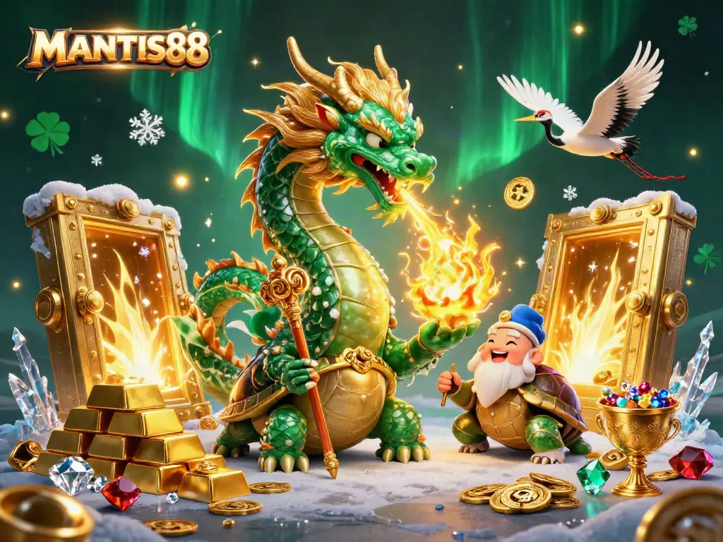 Experience thrilling gameplay with MANTIS88 featuring a jade dragon illuminating treasure in a vibrant casino setting.