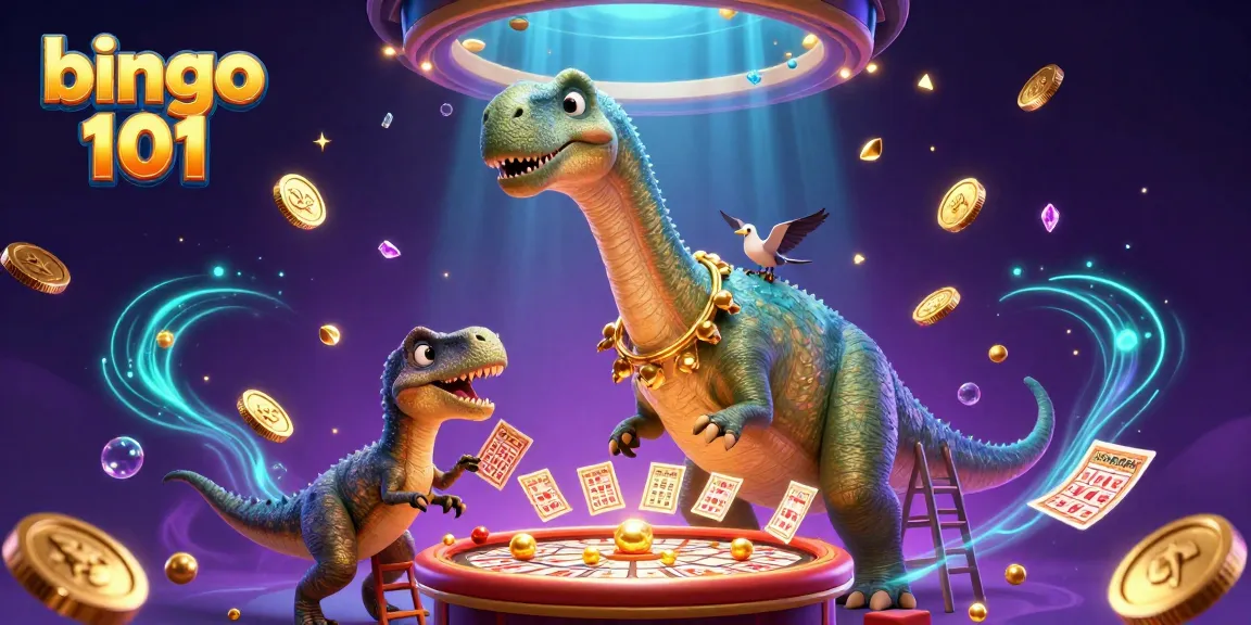Menggambar bingo 101, brontosaurus raksasa dan raptor cerdik bersama kartu dan uang emas di kasino.