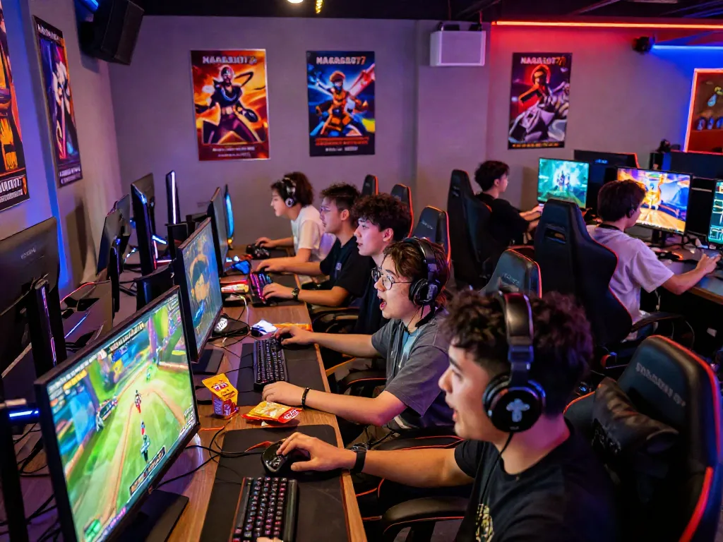 Gamer bersemangat bermain di NAGASLOT77 dengan suasana ceria dan layar permainan yang hidup.
