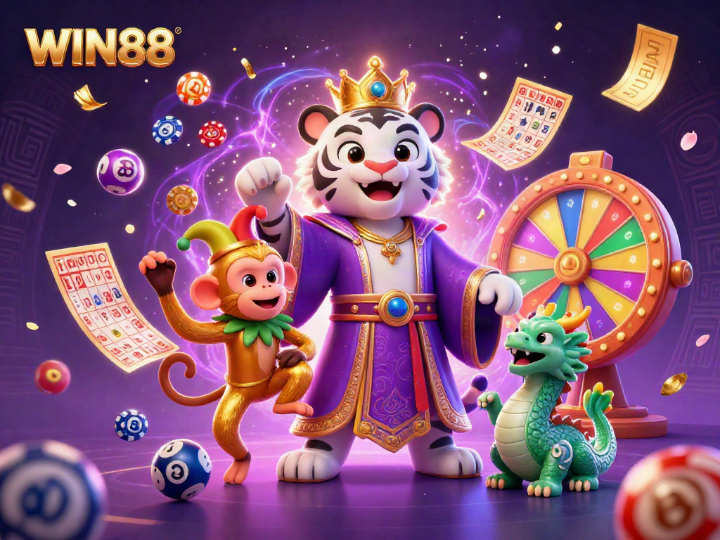 Experience the excitement of WIN88 with a lively scene of casino elements and characters.