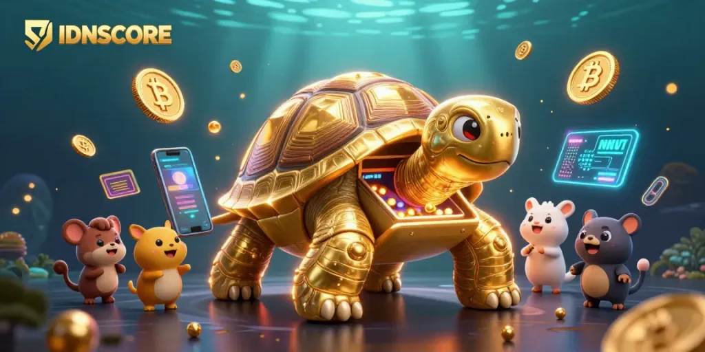 IDNSCORE exciting scene with a golden tortoise pinball machine and crypto elements.