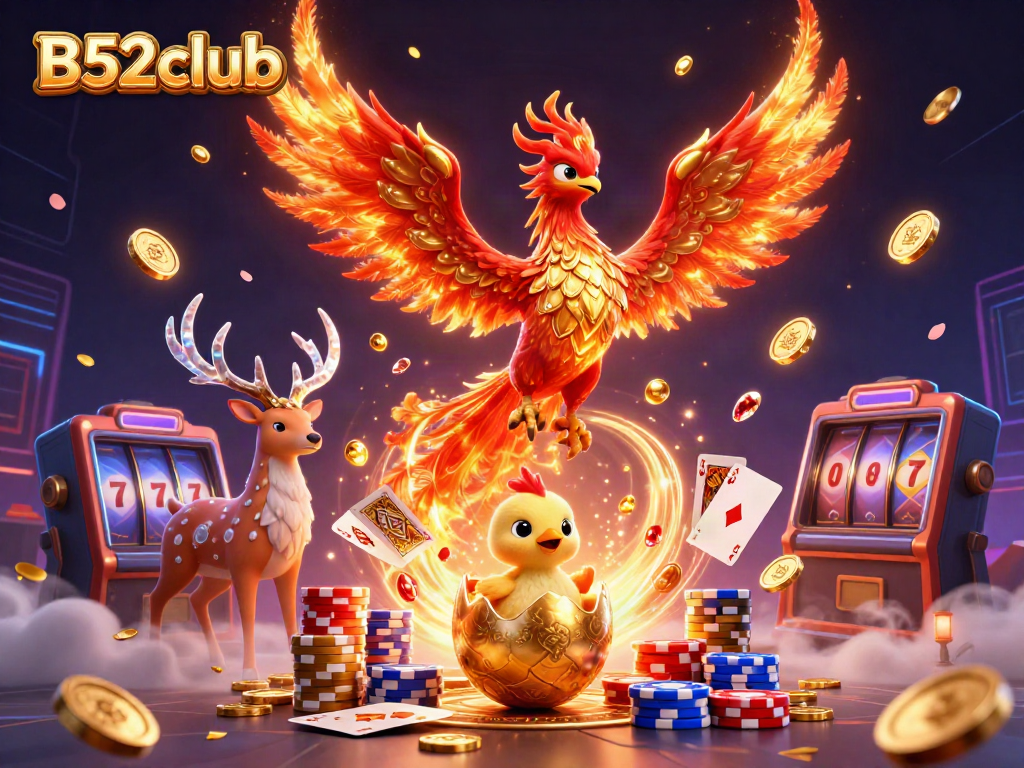 Engage with thrilling B52club gameplay in a vibrant 3D world filled with phoenixes and gold.