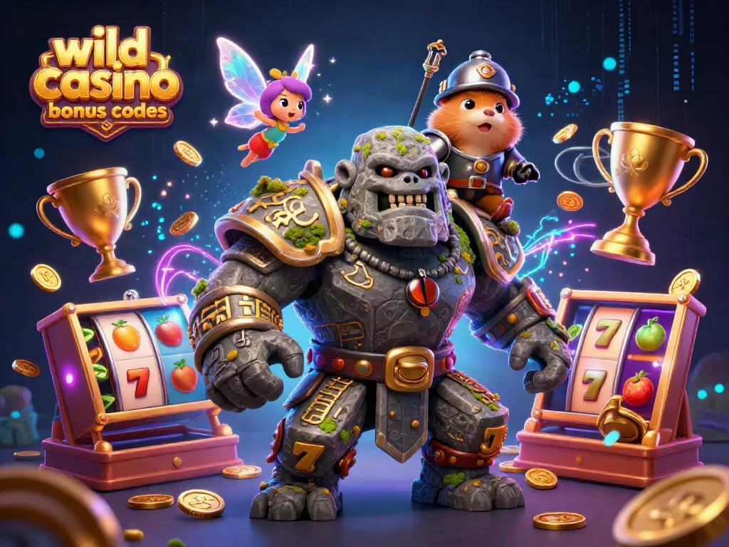 Explore wild casino bonus codes with exciting 3D characters and vivid gaming elements.