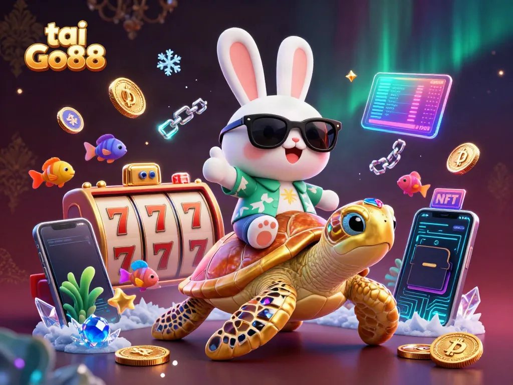 Experience the thrill of tai Go88 with a lucky rabbit and golden turtle in a vibrant casino scene.