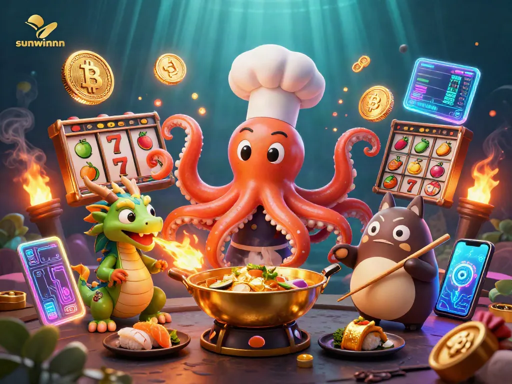 Experience winning with sunwinnn as the octopus chef prepares jackpot dishes in a vibrant casino scene.