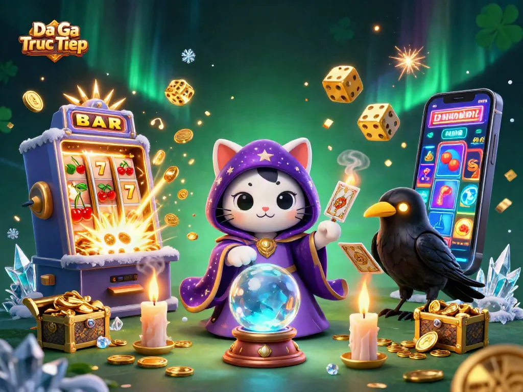 Engage in thrilling Da Ga Truc Tiep action with vibrant 3D casino illustration featuring fortune teller and slot machines.