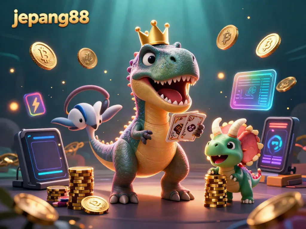 Engage in jepang88 slots as a cheerful T-Rex plays cards, accompanied by animated dinosaur friends.