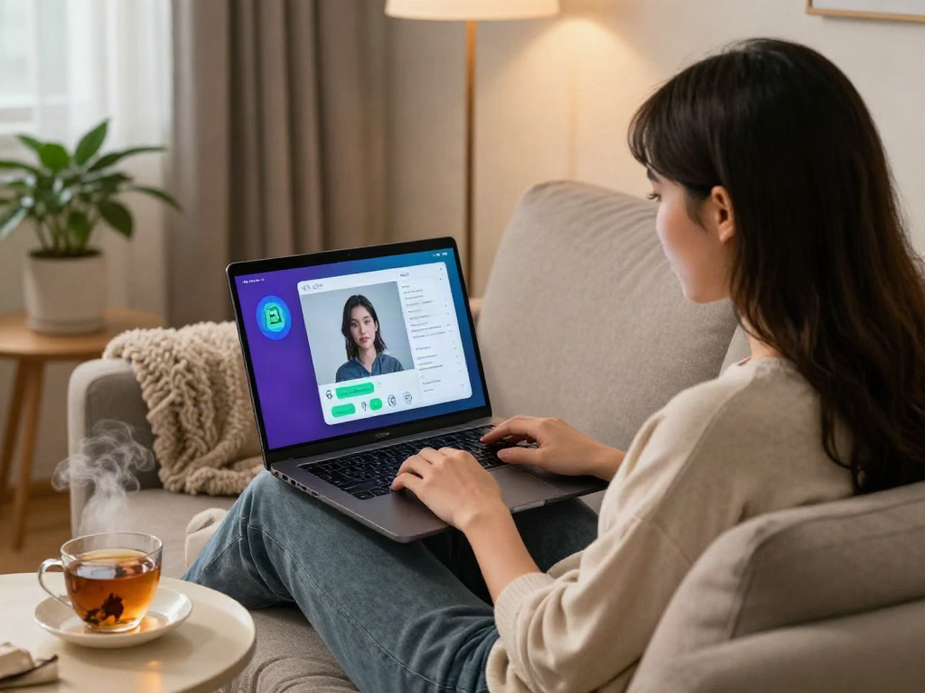 Engaging in a sex AI chat on a cozy couch with a laptop, showcasing intimacy and technology.