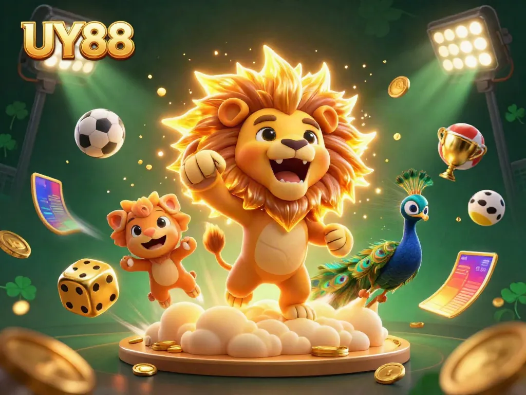 Experience thrilling victory with UY88 in this vibrant 3D casino scene filled with dynamic game elements.