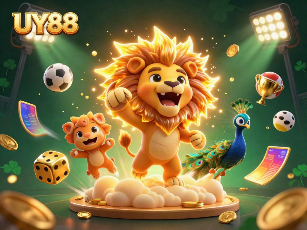 Experience thrilling victory with UY88 in this vibrant 3D casino scene filled with dynamic game elements.