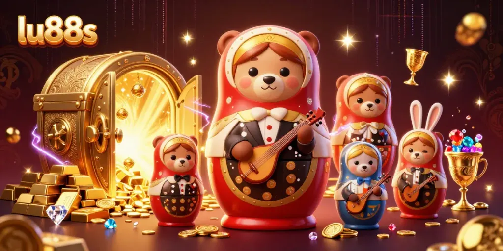 Engage in thrilling games with lu88s showcasing rich casino elements and vibrant characters like Matryoshka bears.
