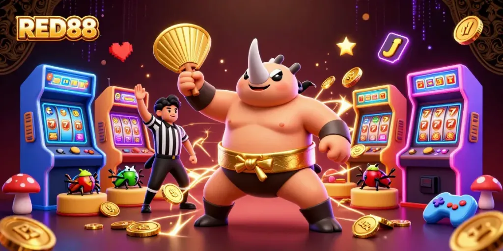 Join the exciting action at RED88 with a vibrant 3D casino-themed scene featuring unique characters.