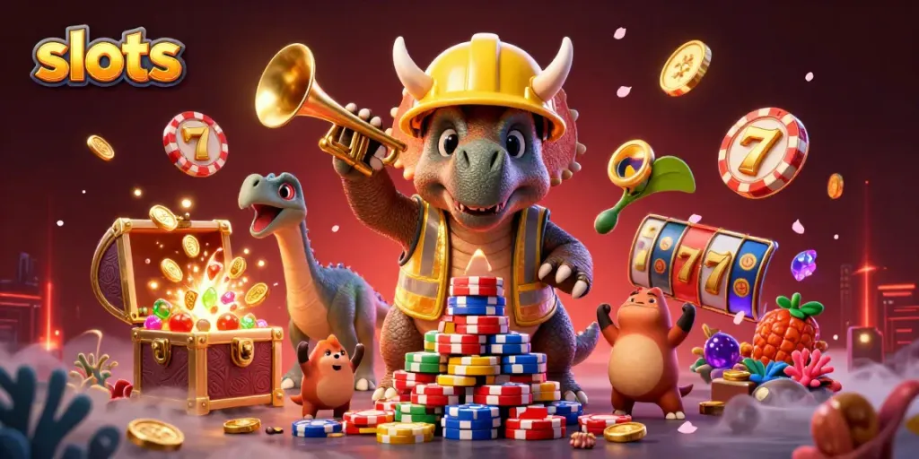 Celebrate the thrill of slots in a lively 3D illustration with cheerful characters and vibrant casino elements.