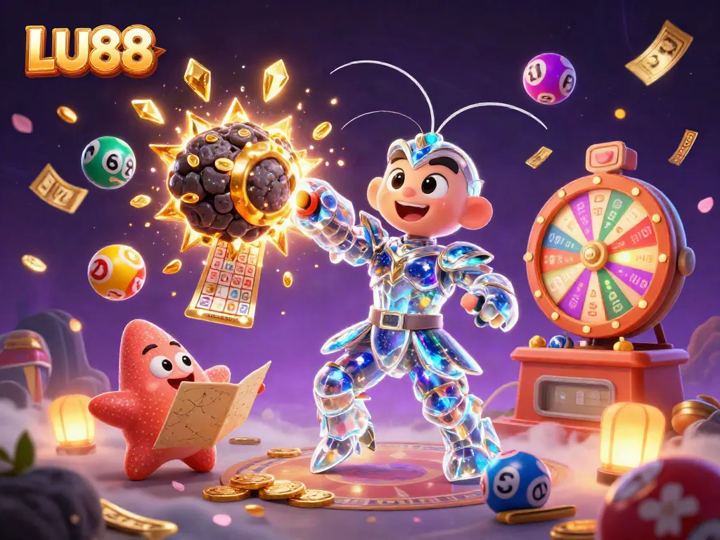 LU88 gaming adventure with a cartoon mantis shrimp amidst colorful lottery elements.