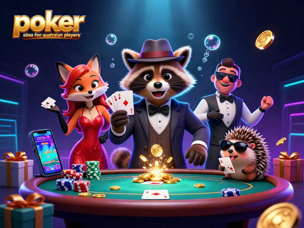 Engage with top poker sites for australian players through a vibrant 3D poker illustration showcasing exciting gameplay.