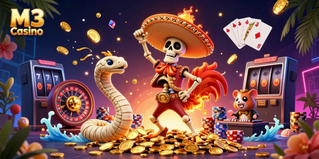 Immerse in M3 Casino vibes with colorful characters celebrating a jackpot, showcasing dynamic casino elements.
