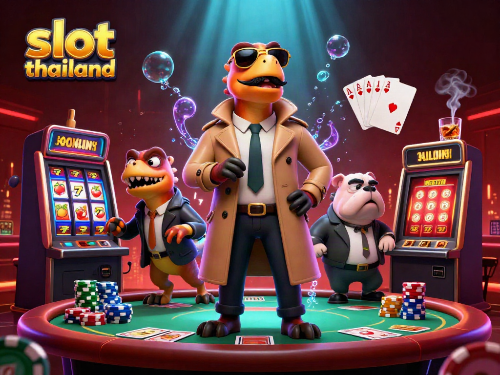 Experience thrilling adventures with slot thailand as cartoon raptors attempt casino entry amidst lively game elements.