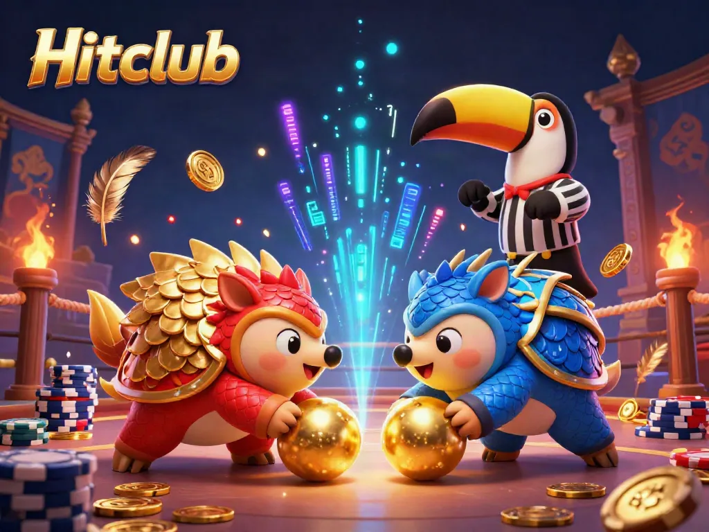 Hitclub showcases a vibrant, dynamic 3D scene with rival pangolins engaging in a game surrounded by golden rewards and a festive atmosphere.