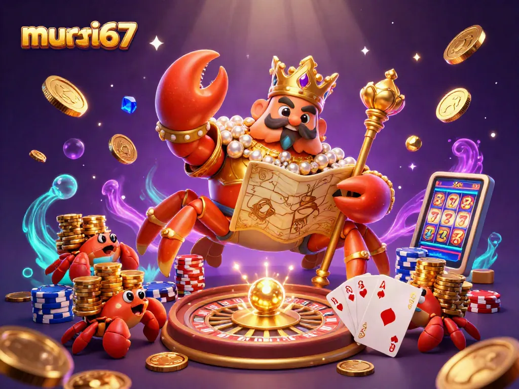 Engage with murai67's golden crab emperor in a vibrant casino atmosphere, surrounded by treasure and gaming elements.
