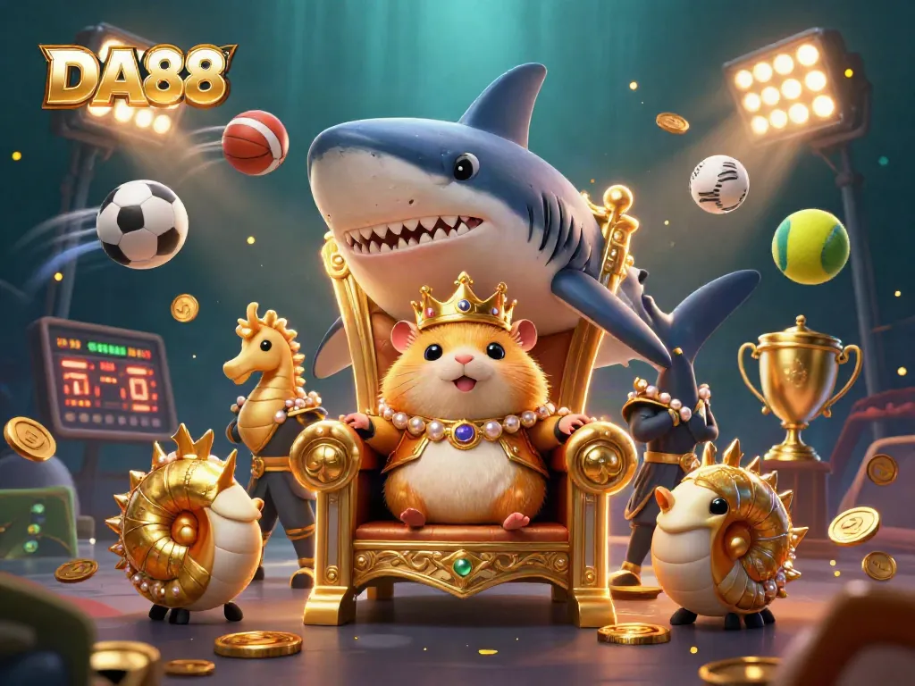Engage with DA88 in a vibrant casino scene showcasing a humorous hamster king and dynamic sports elements.