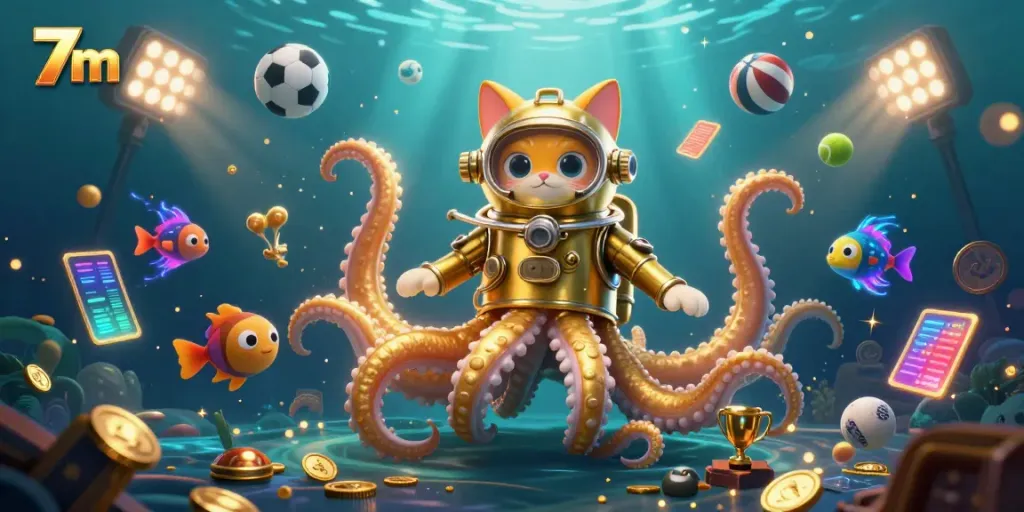 Betting on results with 7m’s vibrant illustration showcasing a kraken and immersive sports elements.