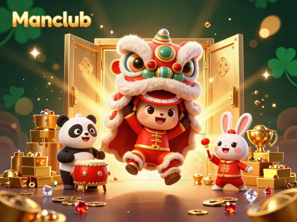 Experience the excitement of Manclub's vibrant casino world through a festive 3D illustration of lucky characters celebrating.