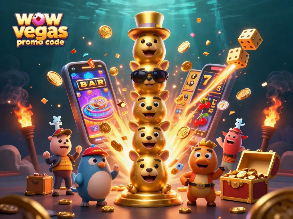 Spin to win with the wow vegas promo code, featuring colorful slot elements and engaging casino characters.