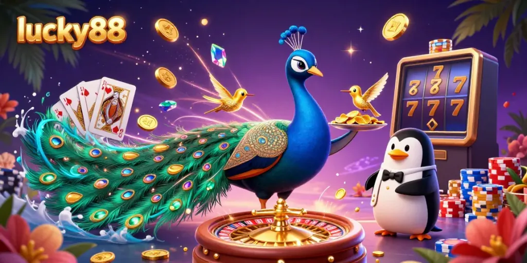Spin and win with lucky88 in a vibrant 3D casino scene filled with jewels and excitement.
