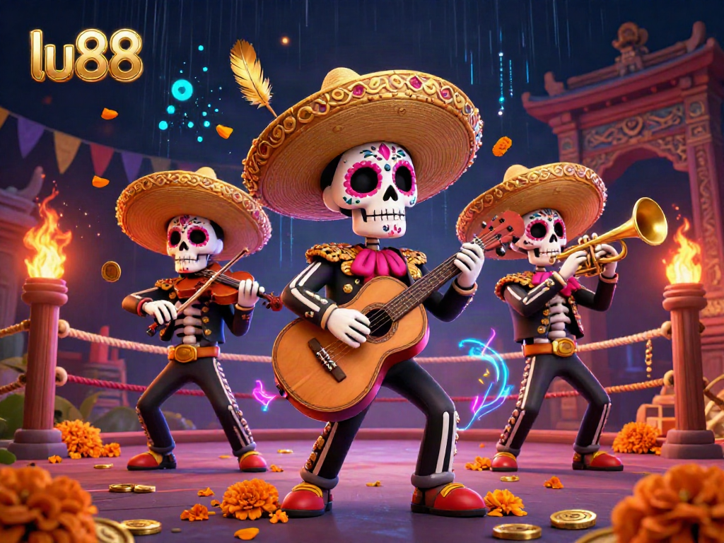 Experience the vibrant lu88 skeleton mariachi band celebrating with gambling tokens and energy in a colorful casino scene.