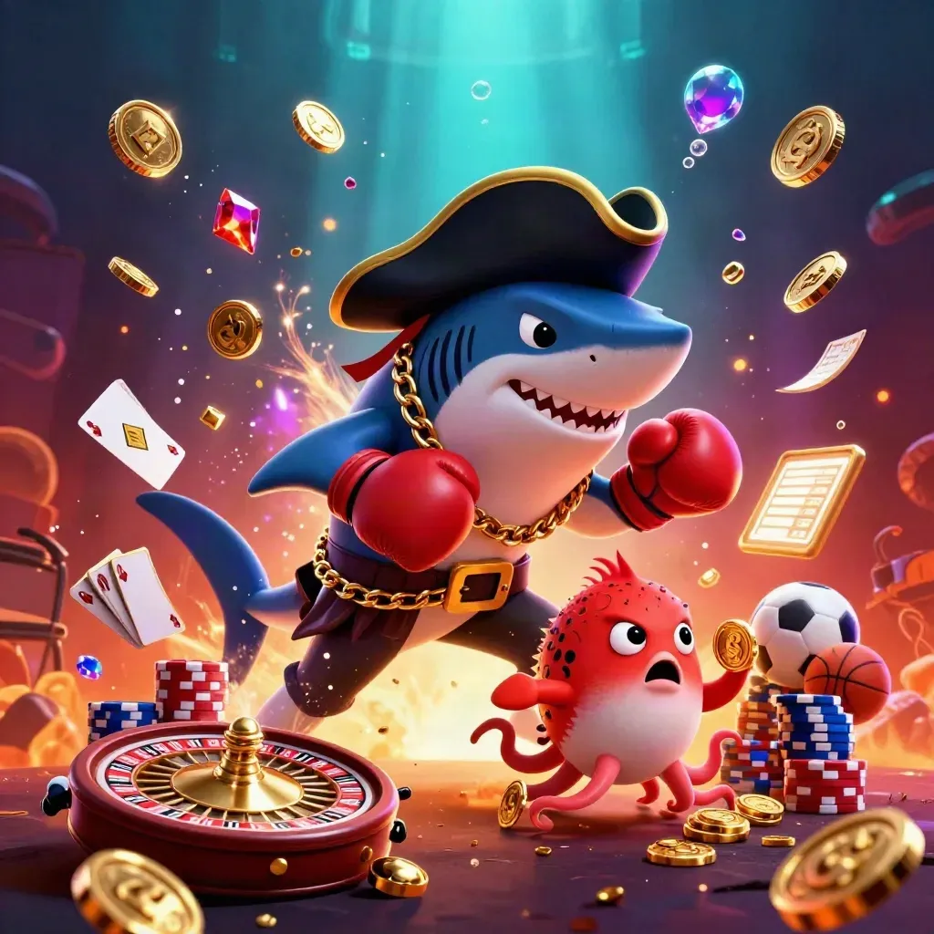 Pirate shark, boxing pufferfish, and coin-juggling octopus amid neon casino items and glowing effects.