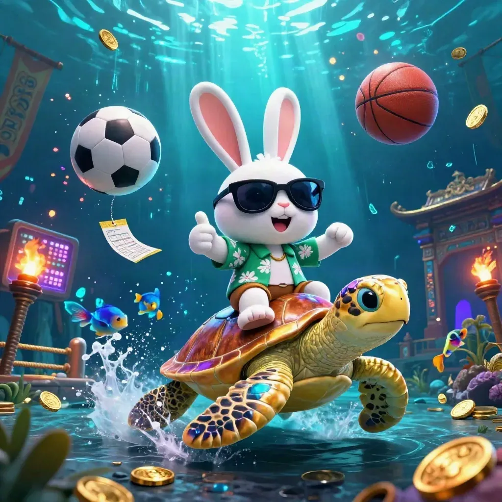 Rabbit on jeweled turtle amid neon sports icons in an underwater casino scene.